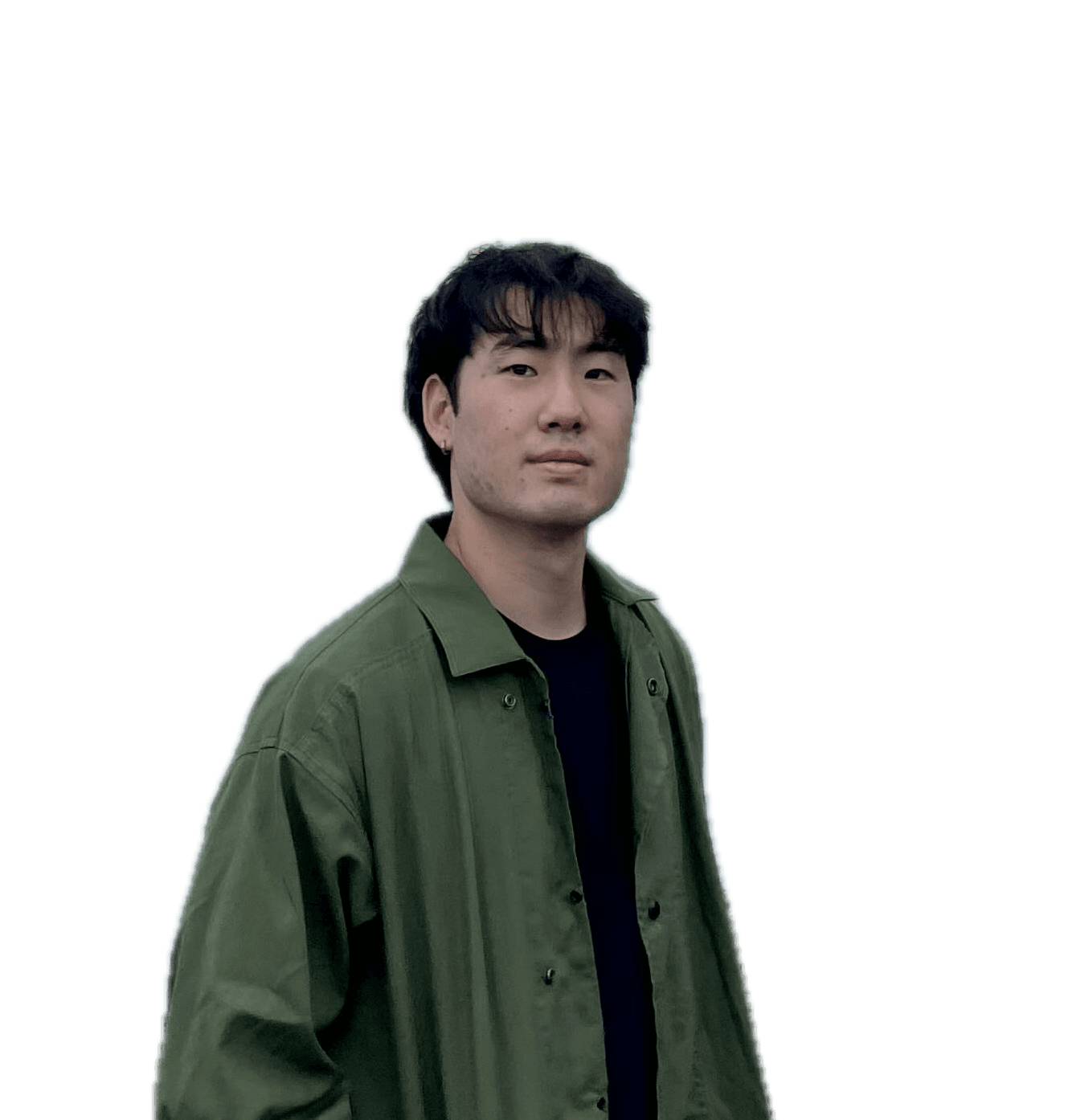 Image of In Tae in a black shirt and a green jacket, with no background.